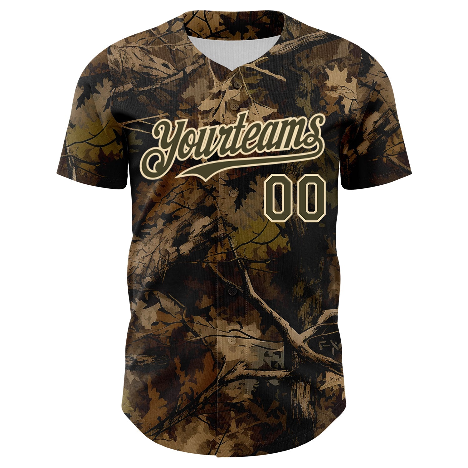 Custom Camo Olive-Cream Woodland Forest Tactical Camouflage Outdoor Leaf Authentic Baseball Jersey
