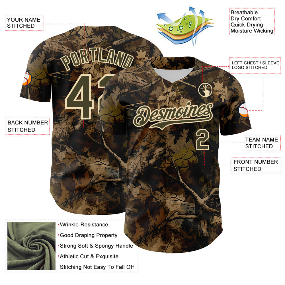 Custom Camo Olive-Cream Woodland Forest Tactical Camouflage Outdoor Leaf Authentic Baseball Jersey