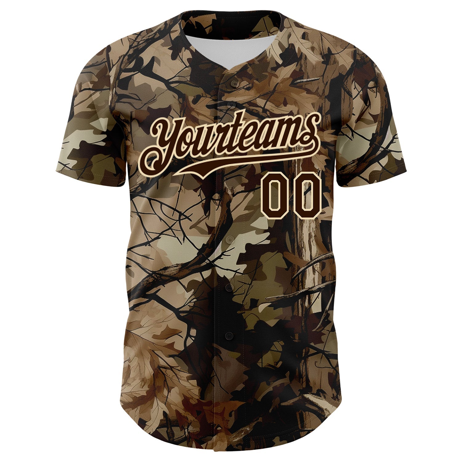 Custom Camo Brown-Cream Woodland Forest Tactical Camouflage Outdoor Leaf Authentic Baseball Jersey
