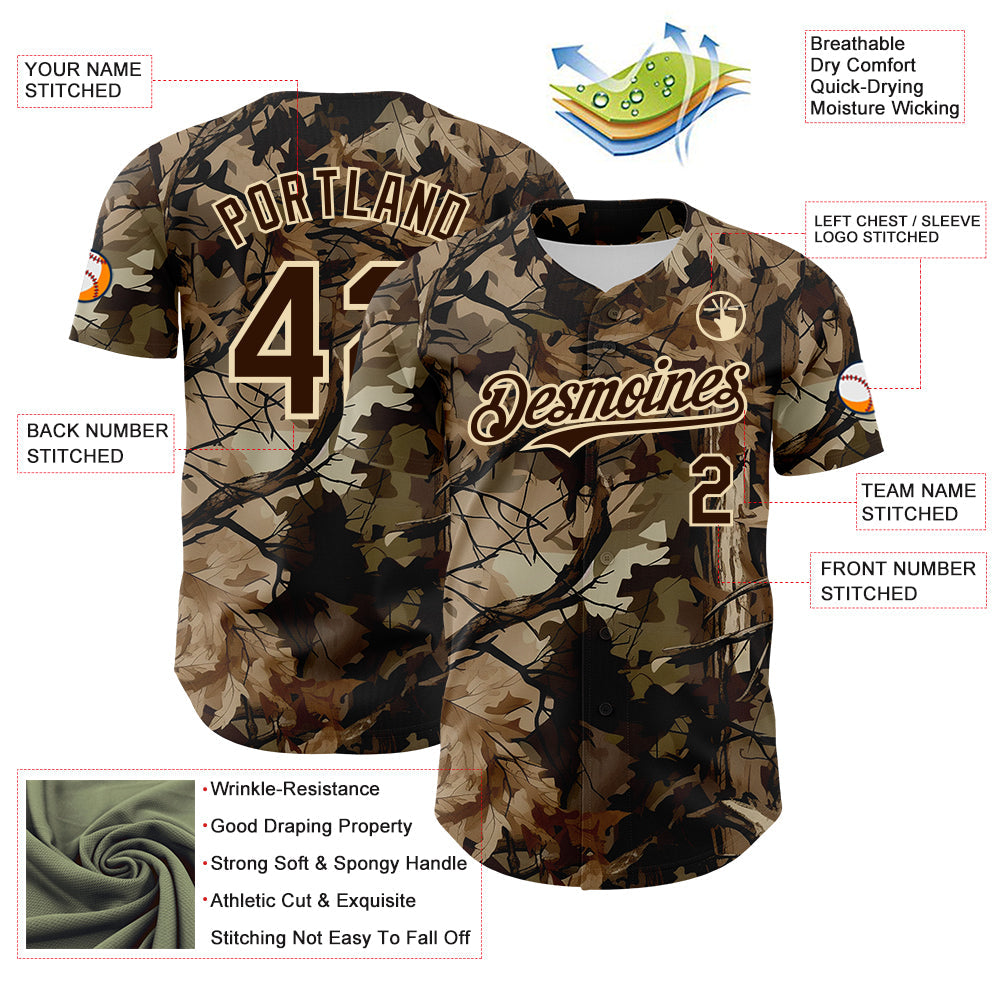 Custom Camo Brown-Cream Woodland Forest Tactical Camouflage Outdoor Leaf Authentic Baseball Jersey