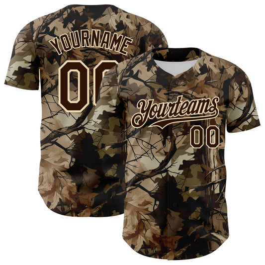 Custom Camo Brown-Cream Woodland Forest Tactical Camouflage Outdoor Leaf Authentic Baseball Jersey