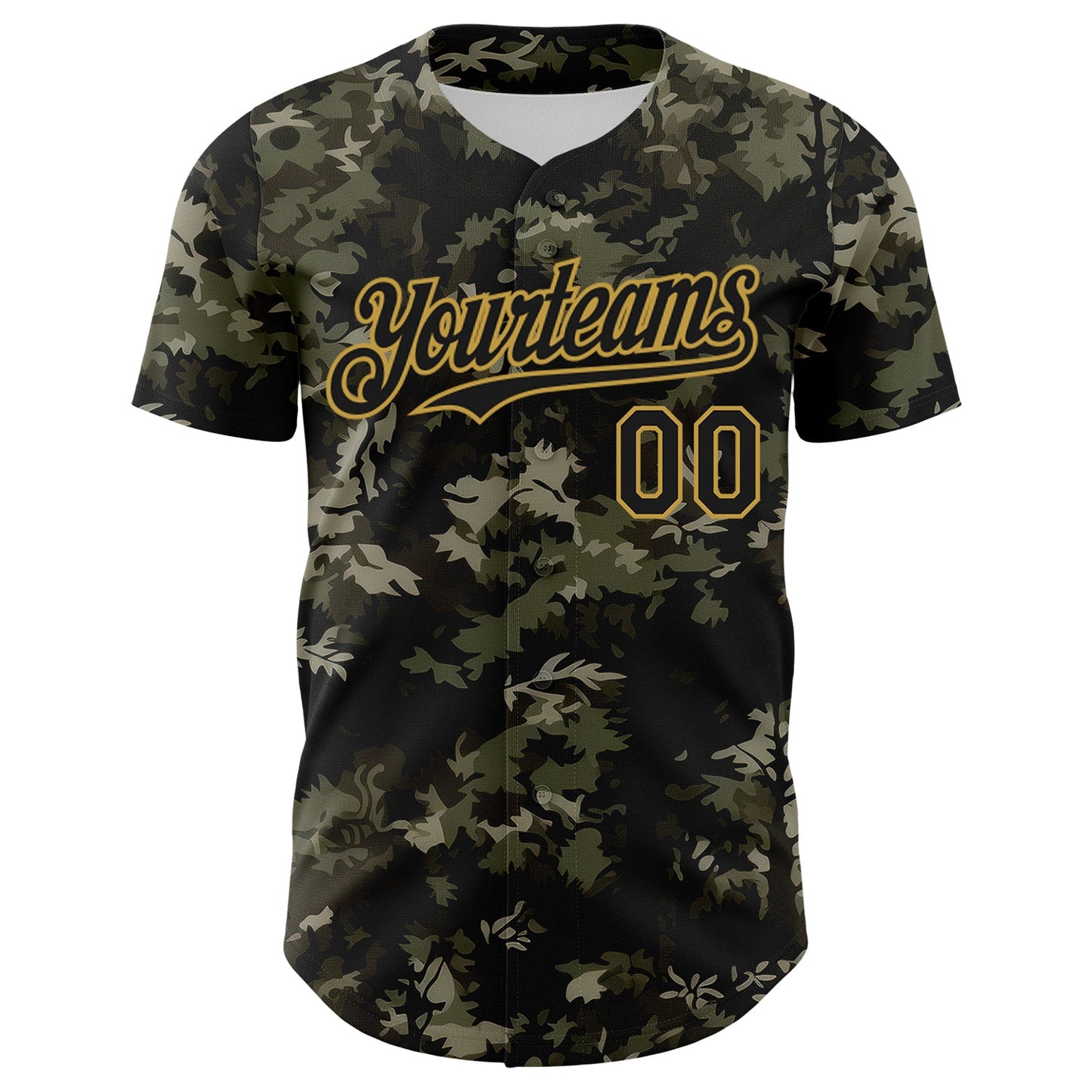 Custom Camo Black-Old Gold Woodland Forest Tactical Camouflage Outdoor Leaf Authentic Baseball Jersey
