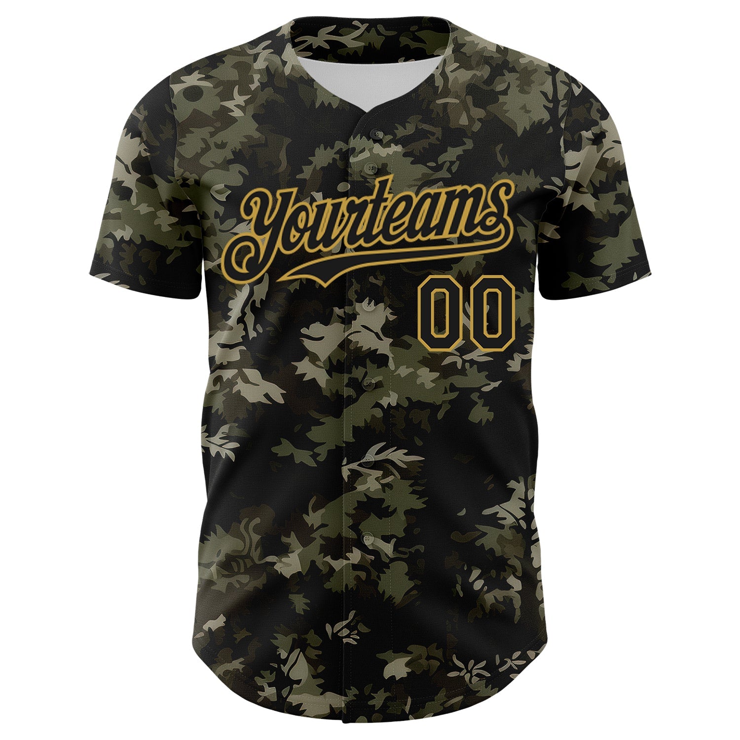Custom Camo Black-Old Gold Woodland Forest Tactical Camouflage Outdoor Leaf Authentic Baseball Jersey