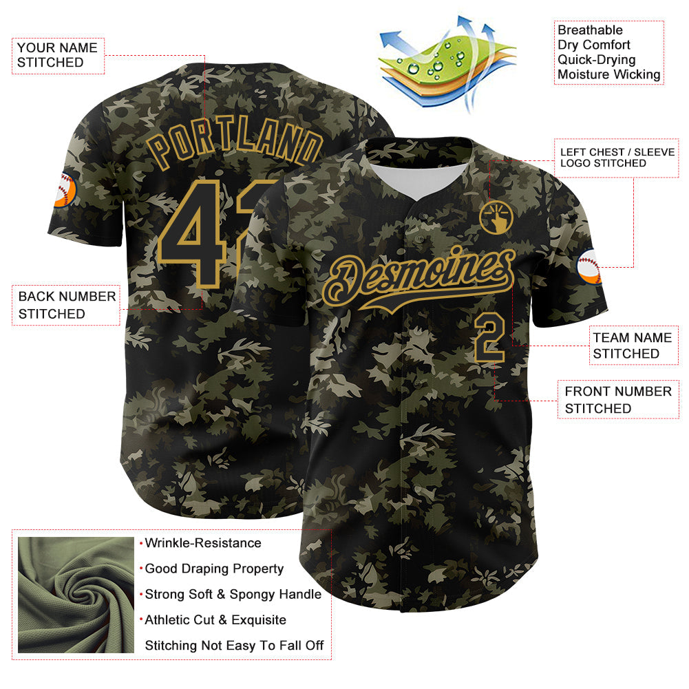 Custom Camo Black-Old Gold Woodland Forest Tactical Camouflage Outdoor Leaf Authentic Baseball Jersey