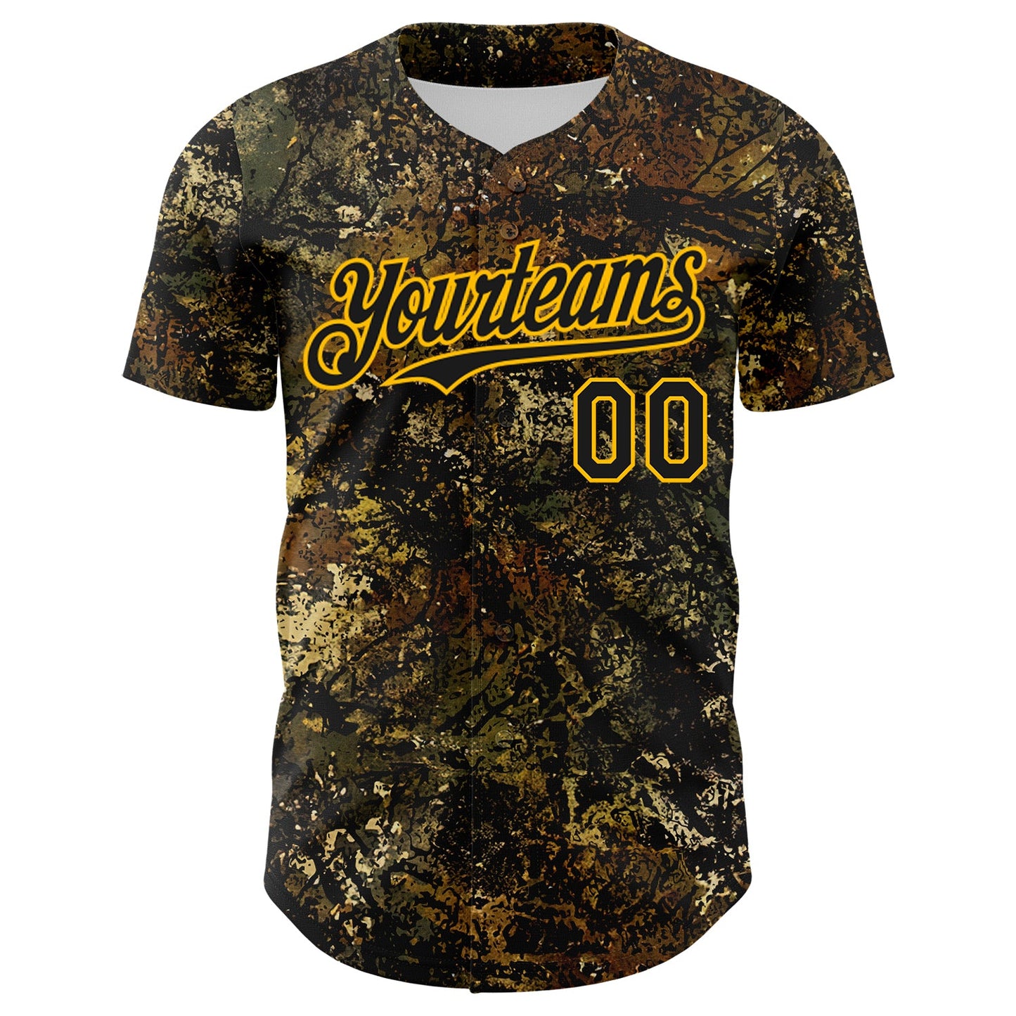 Custom Camo Black-Gold Woodland Forest Tactical Camouflage Outdoor Leaf Authentic Baseball Jersey