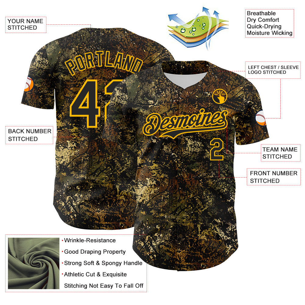 Custom Camo Black-Gold Woodland Forest Tactical Camouflage Outdoor Leaf Authentic Baseball Jersey