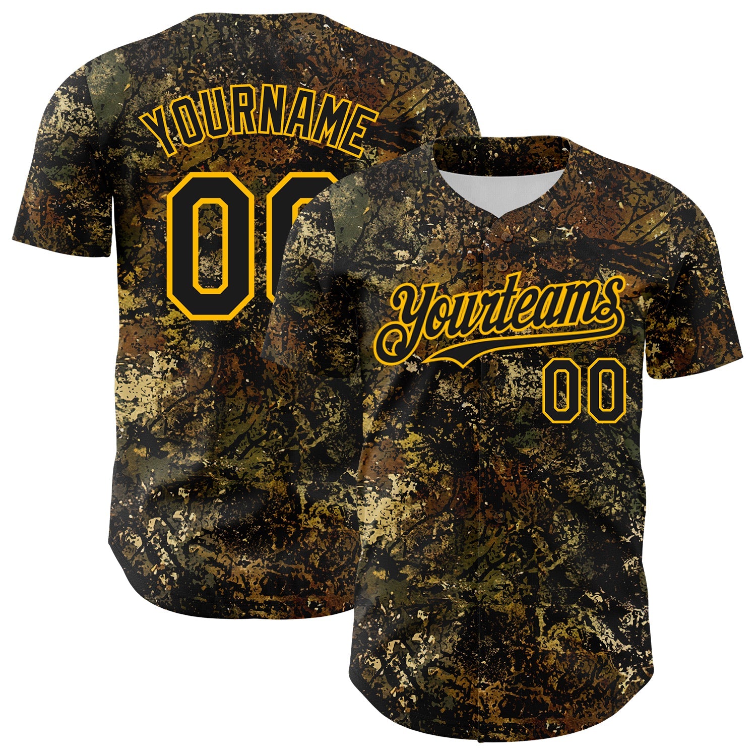 Custom Camo Black-Gold Woodland Forest Tactical Camouflage Outdoor Leaf Authentic Baseball Jersey