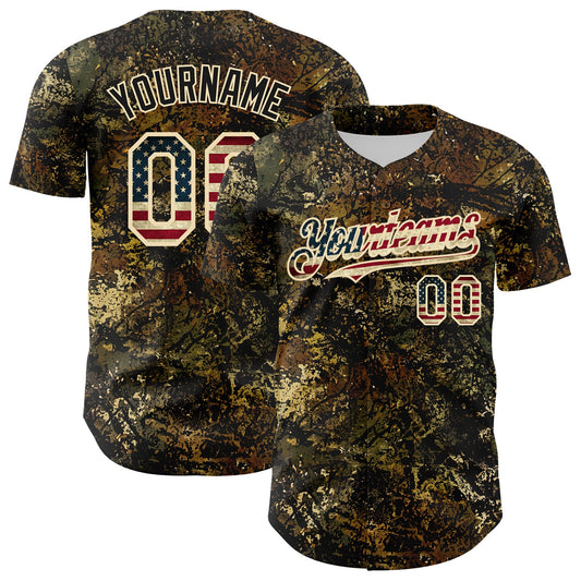 Custom Camo Vintage USA Flag Cream-Black Woodland Forest Tactical Camouflage Outdoor Leaf Authentic Baseball Jersey