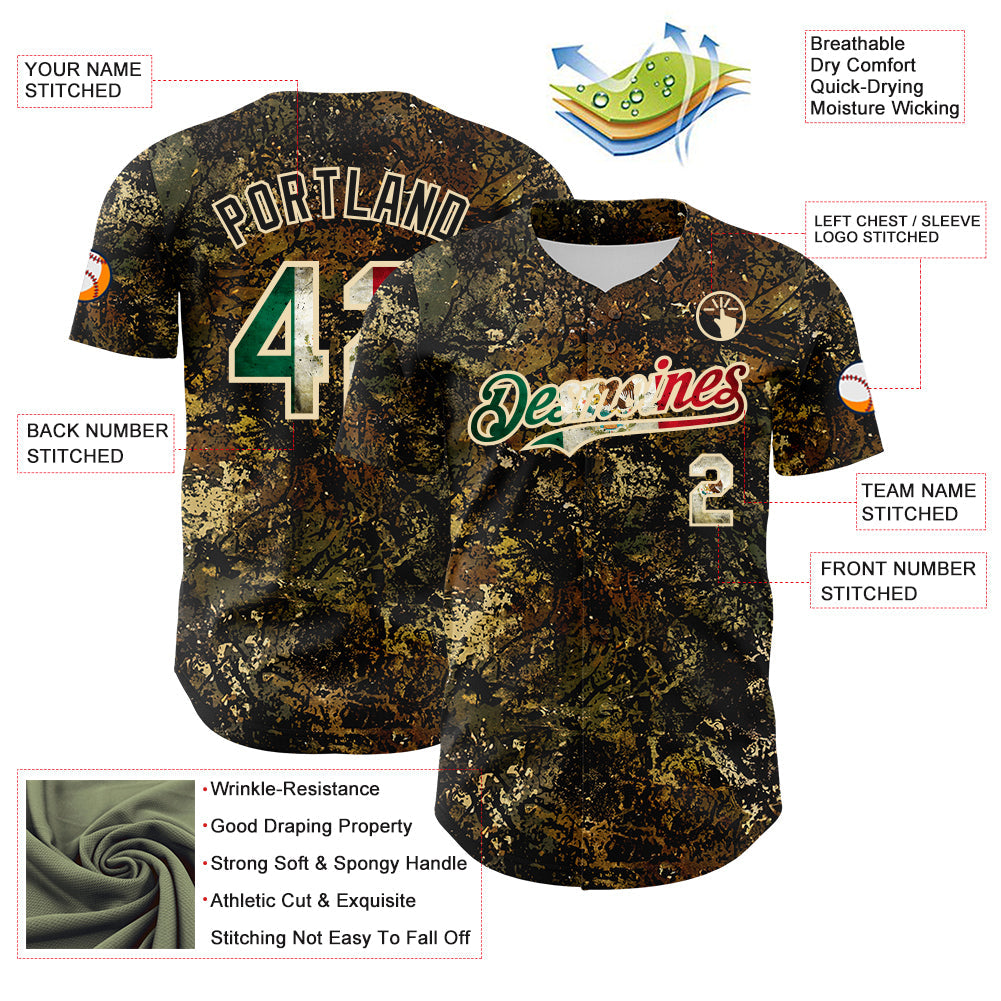 Custom Camo Vintage Mexican Flag Cream-Black Woodland Forest Tactical Camouflage Outdoor Leaf Authentic Baseball Jersey