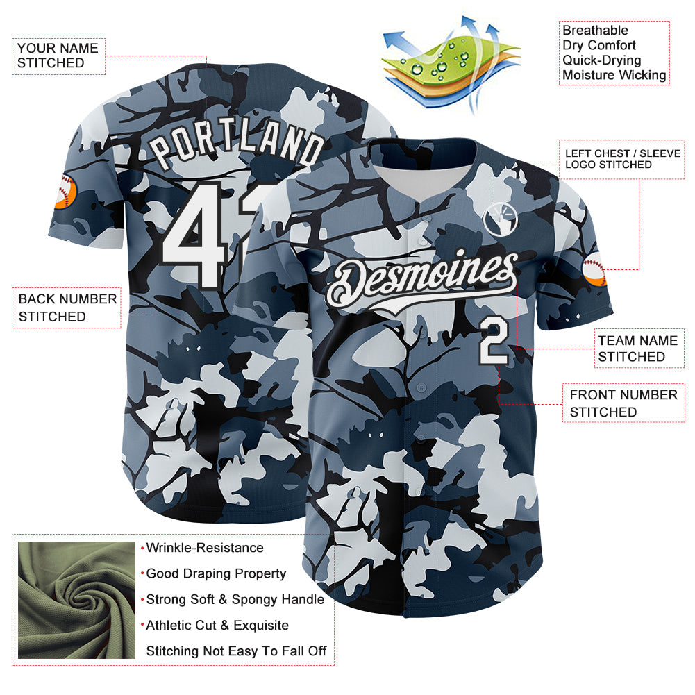Custom Camo White-Black Woodland Forest Tactical Camouflage Outdoor Leaf Authentic Baseball Jersey