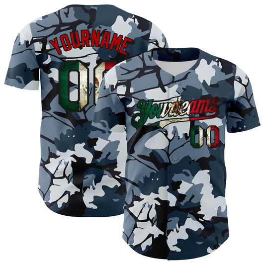 Custom Camo Vintage Mexican Flag Black-Red Woodland Forest Tactical Camouflage Outdoor Leaf Authentic Baseball Jersey