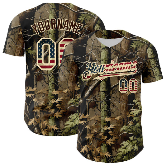 Custom Camo Vintage USA Flag Cream-Brown Woodland Forest Tactical Camouflage Outdoor Leaf Authentic Baseball Jersey
