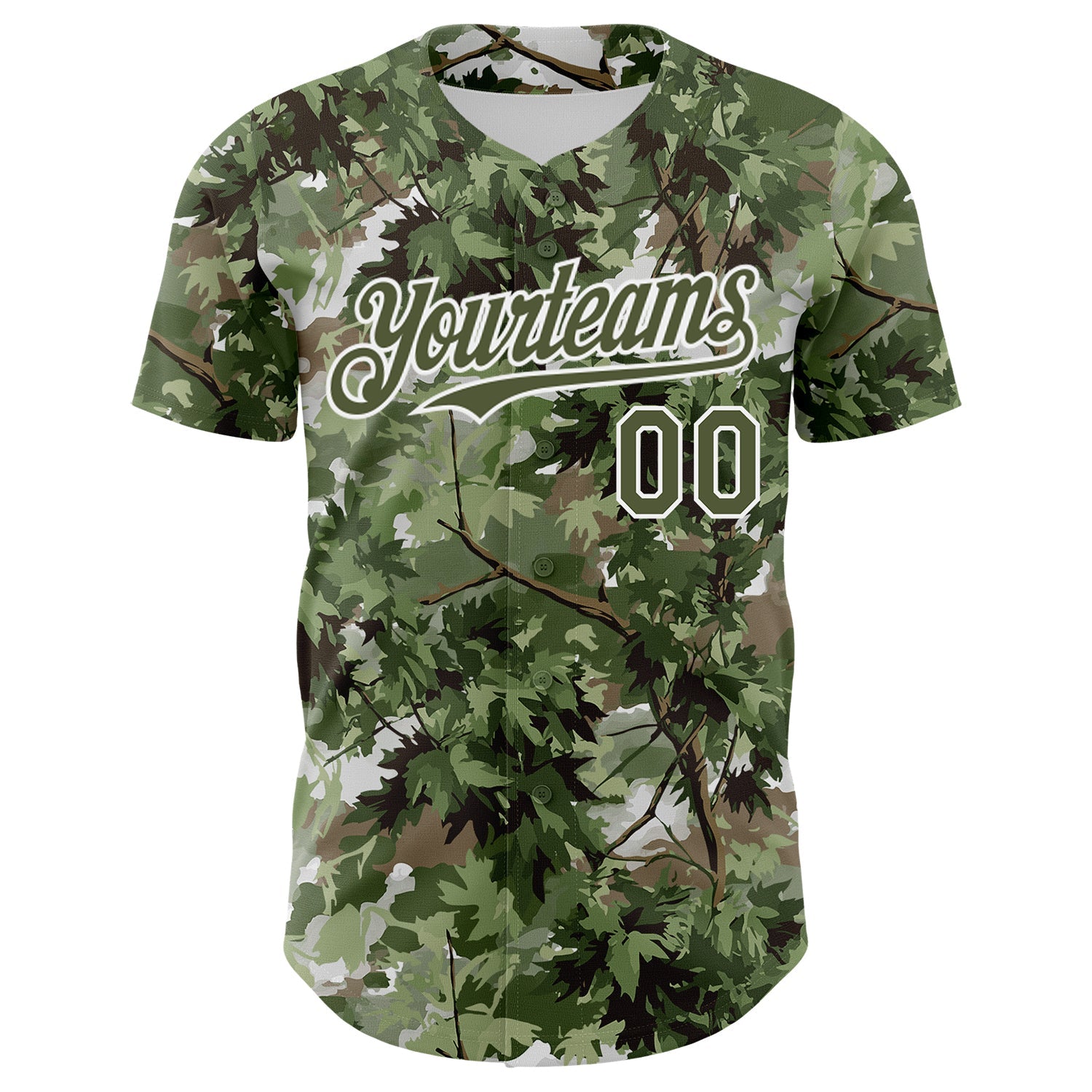 Custom Camo Olive-White Woodland Forest Tactical Camouflage Outdoor Leaf Authentic Baseball Jersey