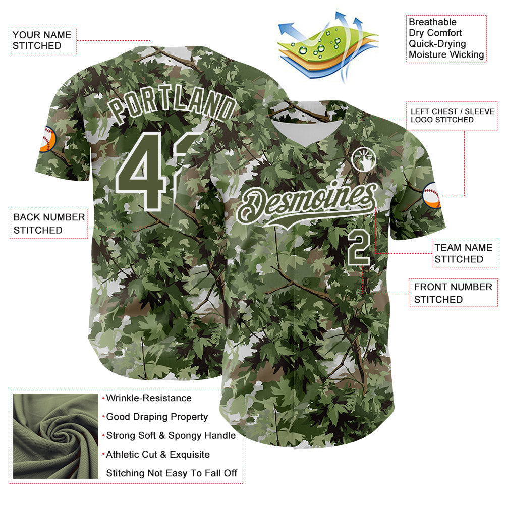 Custom Camo Olive-White Woodland Forest Tactical Camouflage Outdoor Leaf Authentic Baseball Jersey