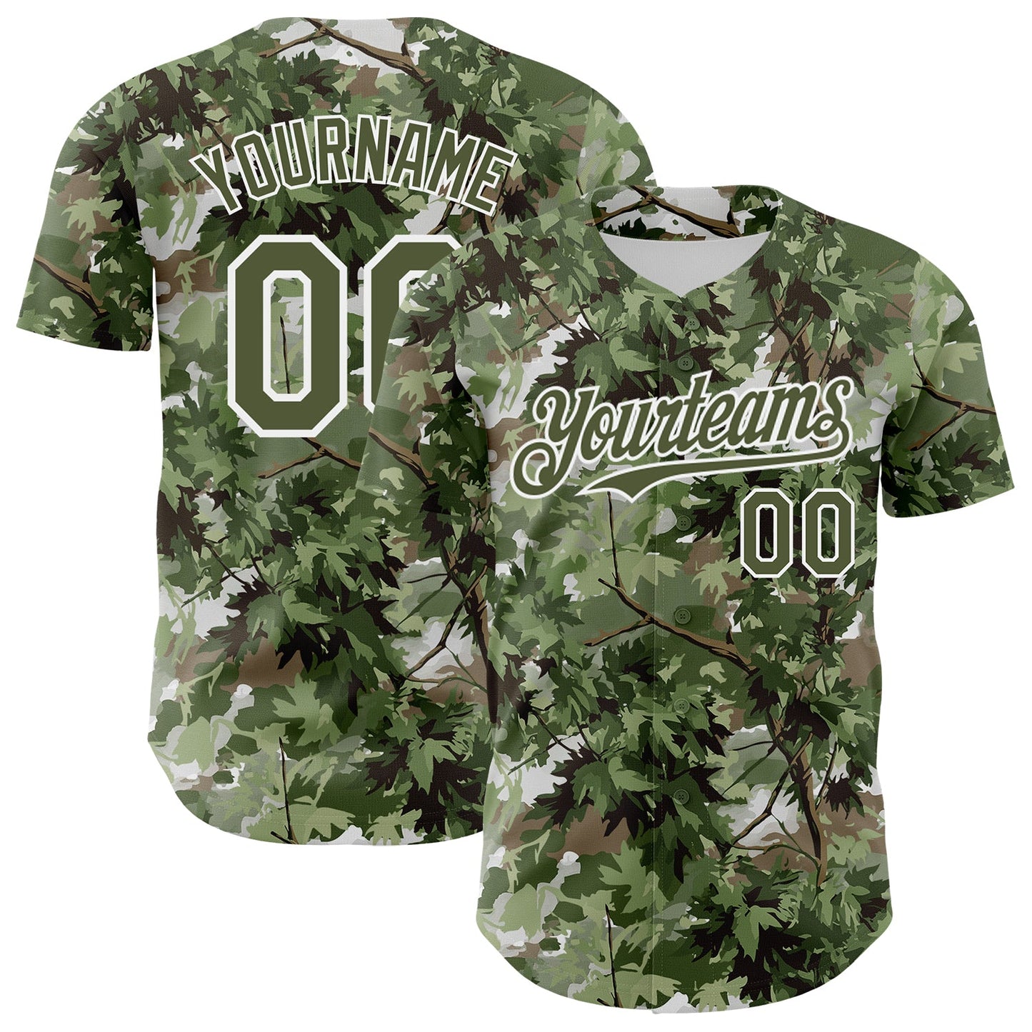 Custom Camo Olive-White Woodland Forest Tactical Camouflage Outdoor Leaf Authentic Baseball Jersey