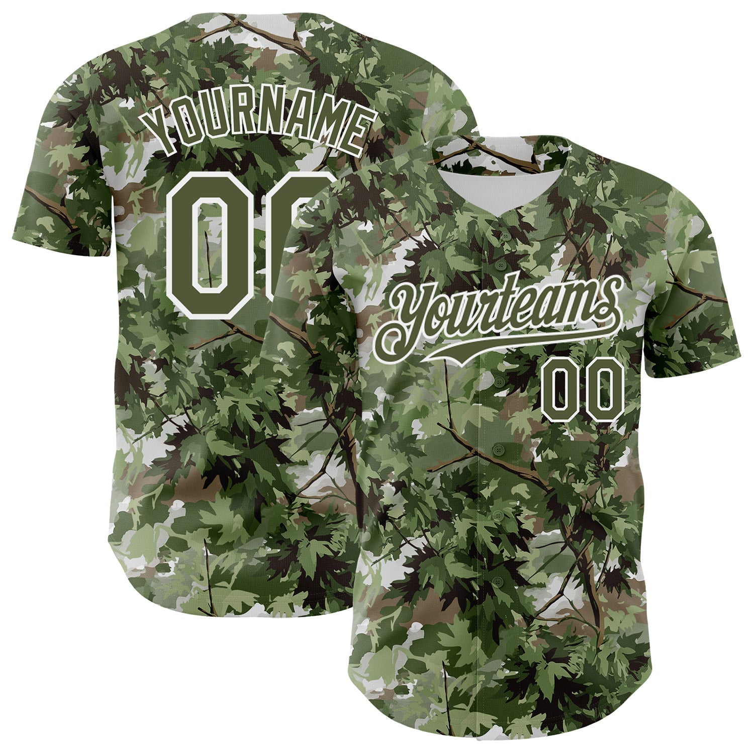 Custom Camo Olive-White Woodland Forest Tactical Camouflage Outdoor Leaf Authentic Baseball Jersey