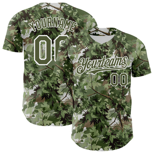 Custom Camo Olive-White Woodland Forest Tactical Camouflage Outdoor Leaf Authentic Baseball Jersey