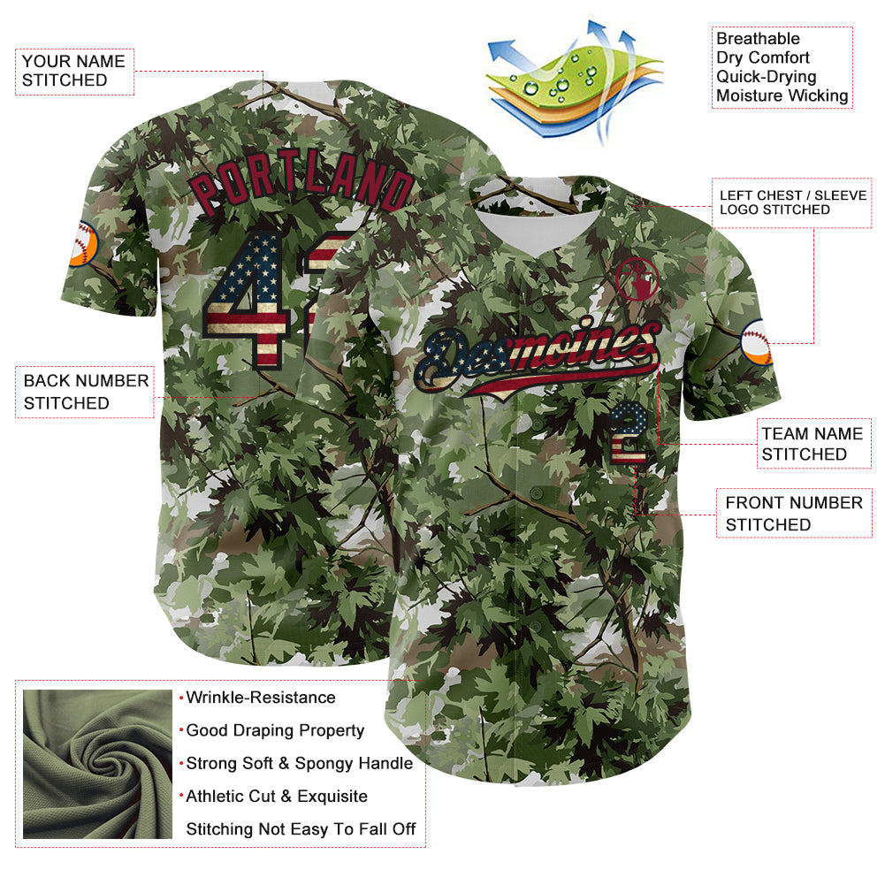Custom Camo Vintage USA Flag Black-Crimson Woodland Forest Tactical Camouflage Outdoor Leaf Authentic Baseball Jersey