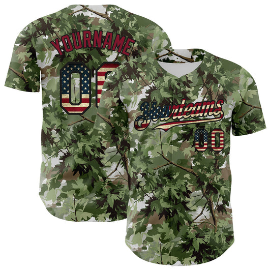 Custom Camo Vintage USA Flag Black-Crimson Woodland Forest Tactical Camouflage Outdoor Leaf Authentic Baseball Jersey