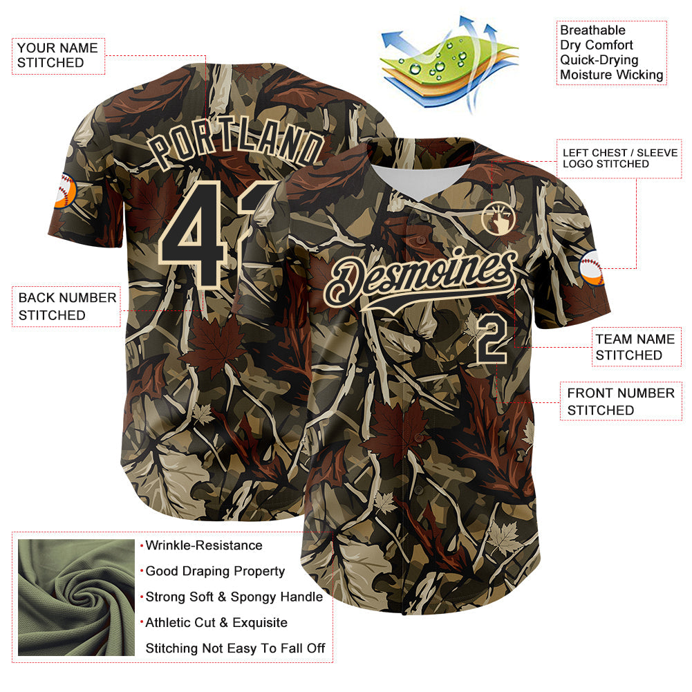 Custom Camo Black-Cream Woodland Forest Tactical Camouflage Outdoor Leaf Authentic Baseball Jersey