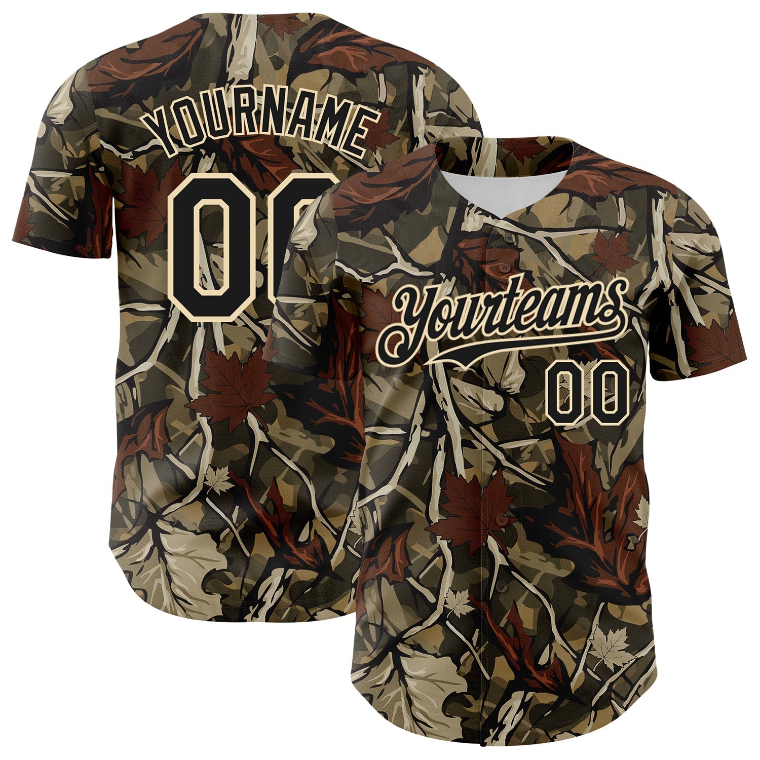 Custom Camo Black-Cream Woodland Forest Tactical Camouflage Outdoor Leaf Authentic Baseball Jersey