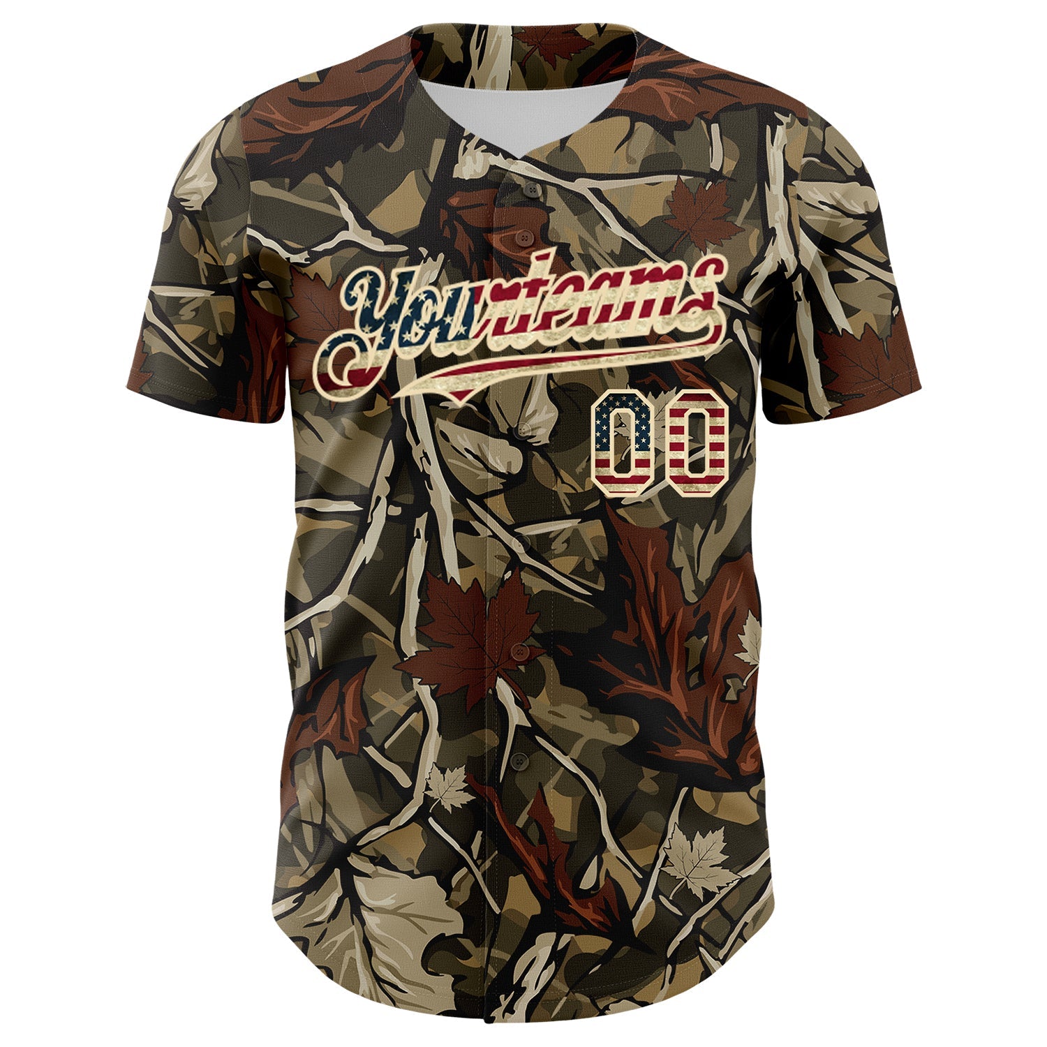 Custom Camo Vintage USA Flag Cream-Olive Woodland Forest Tactical Camouflage Outdoor Leaf Authentic Baseball Jersey