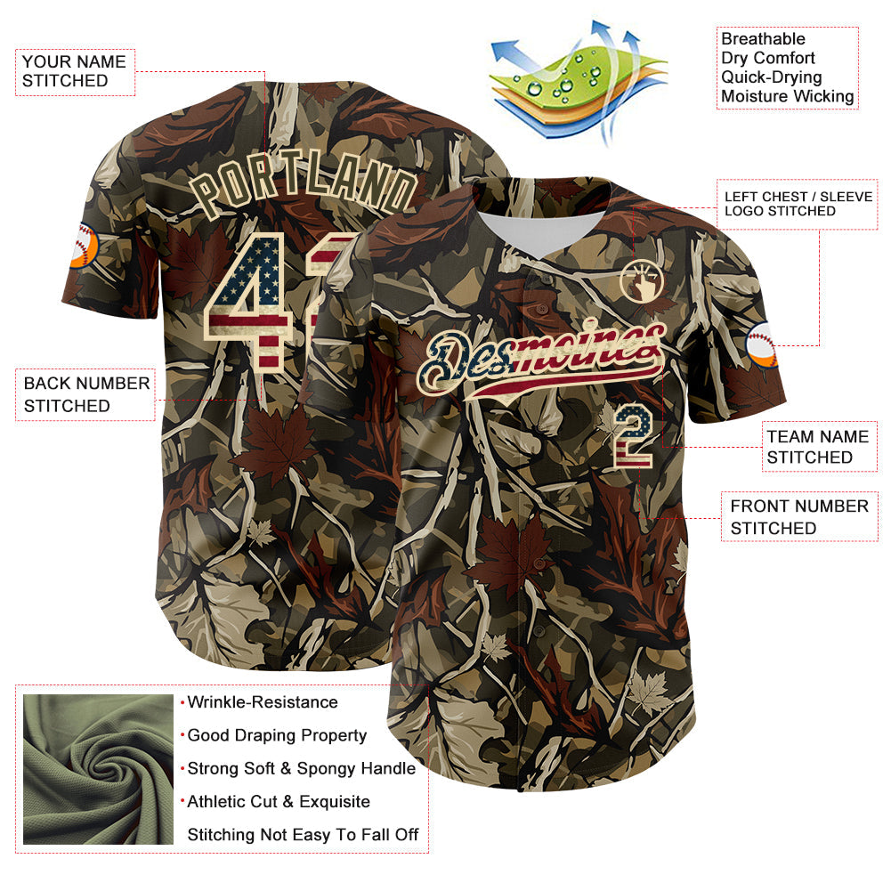 Custom Camo Vintage USA Flag Cream-Olive Woodland Forest Tactical Camouflage Outdoor Leaf Authentic Baseball Jersey