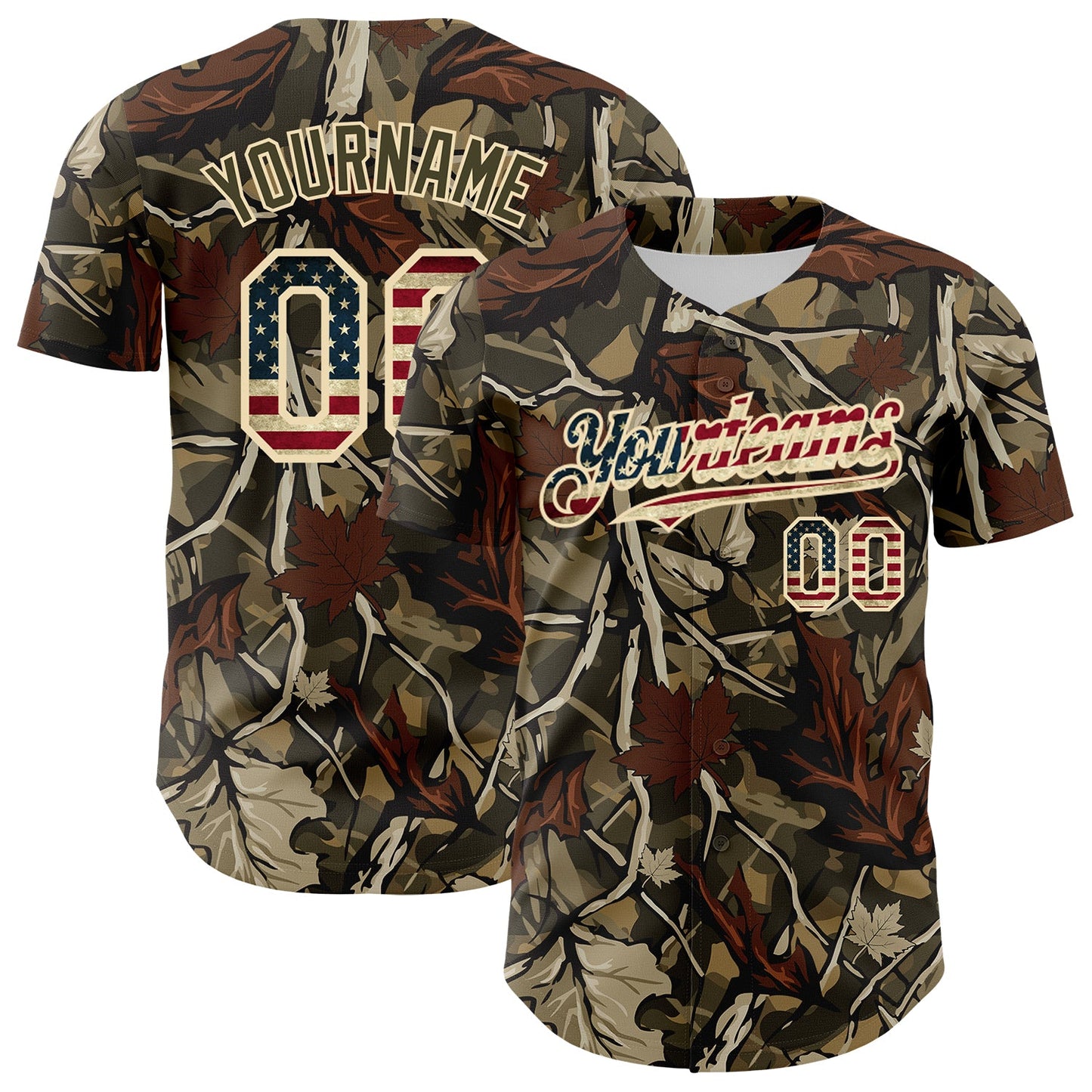 Custom Camo Vintage USA Flag Cream-Olive Woodland Forest Tactical Camouflage Outdoor Leaf Authentic Baseball Jersey
