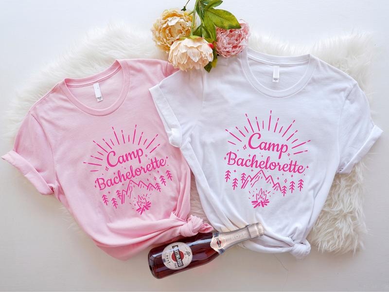 Camping Bachelorette Shirt, Matching Bridesmaid Tee, Camp Wedding Party T-shirt, Nature Bridal Shower Tee, Mountain Hen...