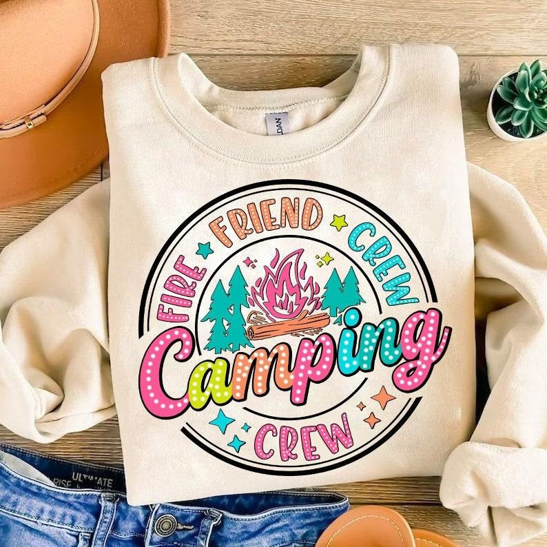 Camping Crew Camping Summer Vibes Bright Doodle Dalmatian Dots Summer Sublimation Design Camping Shirt Design Sleeve...