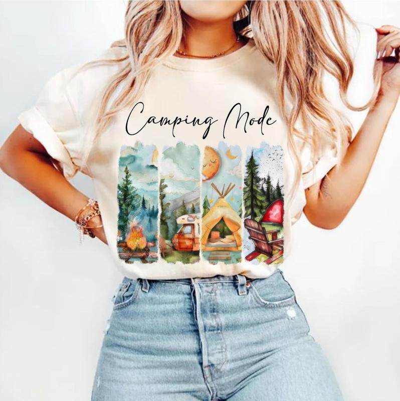 Camping Mode T-Shirt, Retro Summer Shirt, Family Adventure, Brushstroke, Outdoors, Camping Shirt, Vintage Camping,...