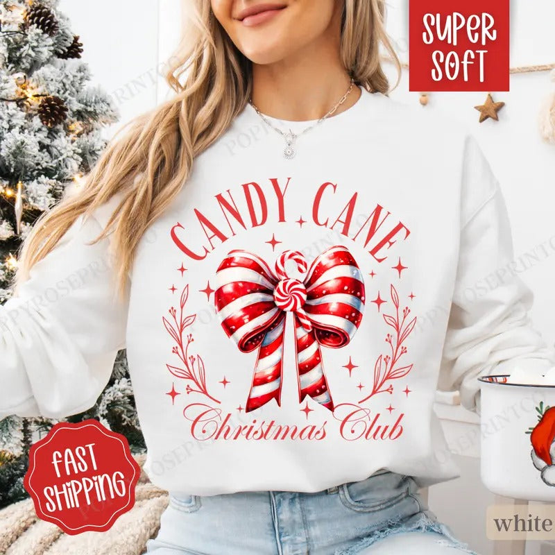 Candy Cane Christmas Club Sweatshirt, Christmas Sweater, Women's Holiday Crewneck T-Shirts, Hoodie | WearSparks.com
