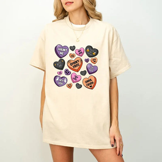 Candy Hearts Halloween T-Shirt, Spooky Vibes Shirt, Halloween Shirt Design, Pumpkin Halloween, Halloween candy Shirt...