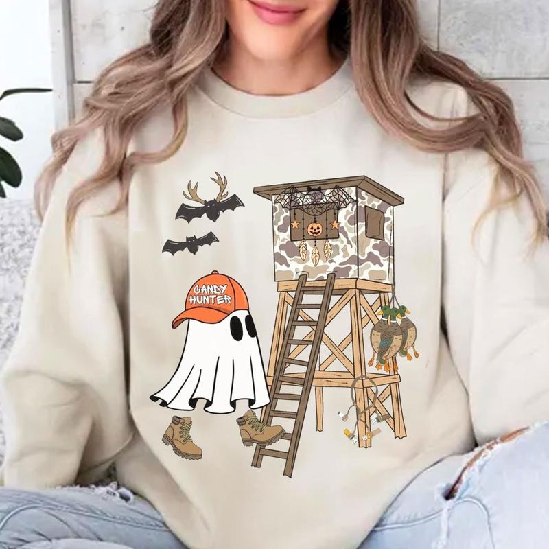 Candy Hunter Camo Ghost Halloween Crewneck Unisex Sweater, Camouflage Spooky Fall Candy Hunter Pumpkin Shirt, Halloween...