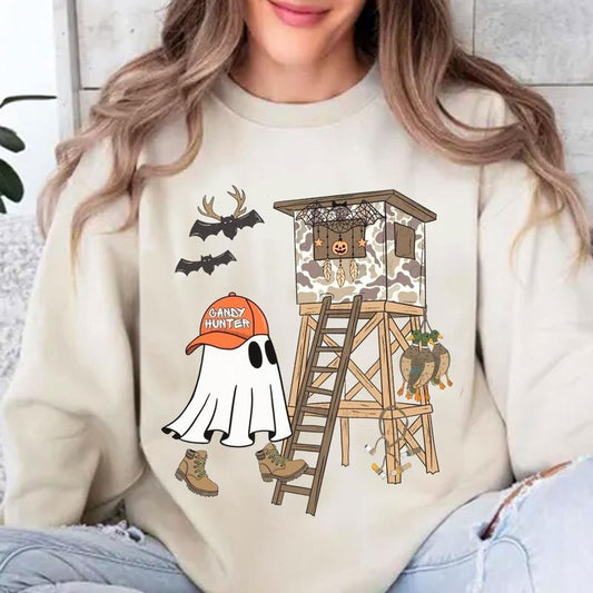 Candy Hunter Camo Ghost Halloween Crewneck Unisex Sweater, Camouflage Spooky Fall Candy Hunter Pumpkin Shirt, Halloween...
