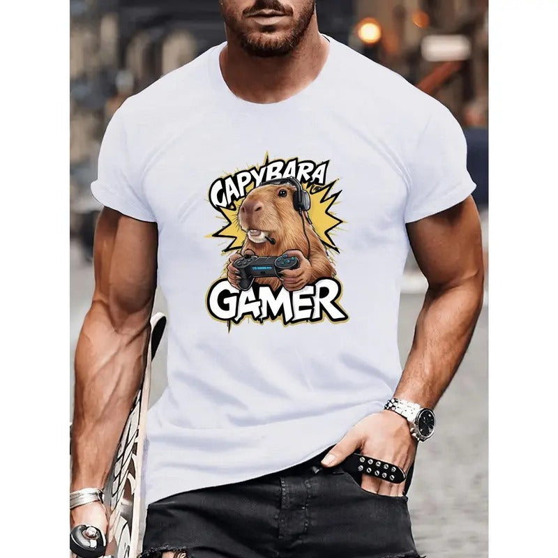 Capybara Gamer Graphic T-Shirt Men's Polyester Knit Crew Neck Casual Short Sleeve Tee with Geometric Capybara Print for...