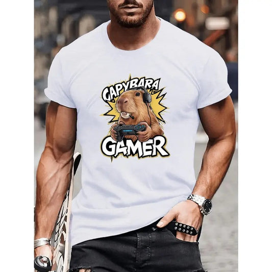 Capybara Gamer Graphic T-Shirt Men's Polyester Knit Crew Neck Casual Short Sleeve Tee with Geometric Capybara Print for...
