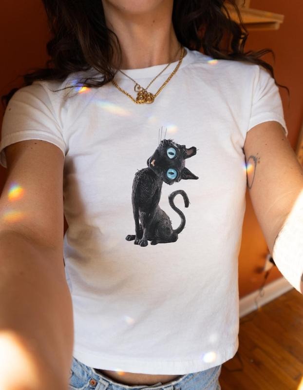 Caroline Black Cat Baby Tee, Y2K Womens Fitted Retro Vintage Movie Tops, Cute Film Gift for Cat Lovers Hoodie, Sweatshirt