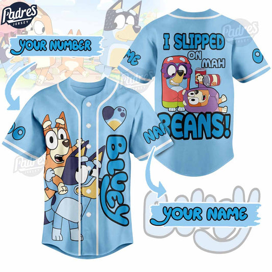 Cartoon Bluey I Slipped On Mah Beans Custom Baseball Jersey - Padres Jersey Oasis: Elevate Your Baseball Style... (Image 1)