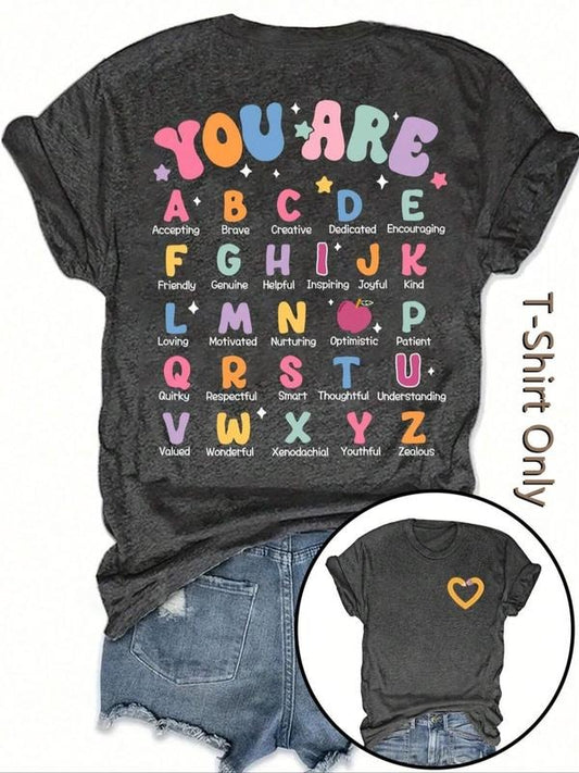 Women's Plain / Cartoon Letter & Heart Print Round Neck Tee, Fashion Casual Short Sleeve T-shirt for Daily Wear, Vintage...