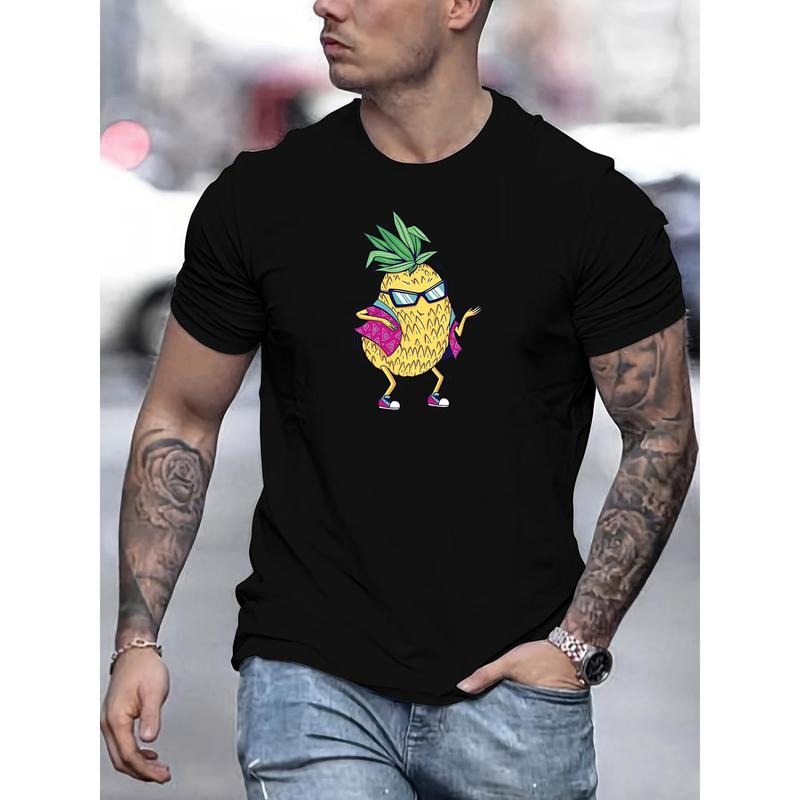 Cartoon Pineapple Dancing Graphic Print, Men's Crew Neck Short Sleeve T-shirt, Casual Comfy Fit Top For Summer made in...