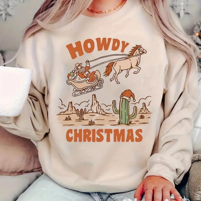 Casual Crew Neck Sweatshirt for Women - Long Sleeve Christmas Graphic Knit Pullover - Western Howdy Christmas T-Shirts,...