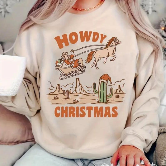 Casual Crew Neck Sweatshirt for Women - Long Sleeve Christmas Graphic Knit Pullover - Western Howdy Christmas T-Shirts,...