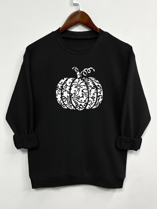 Casual Pumpkin Print Long Sleeve Round Neck Sweatshirt, Available in 9 Colors, Perfect for Fall and Winter Fashion...