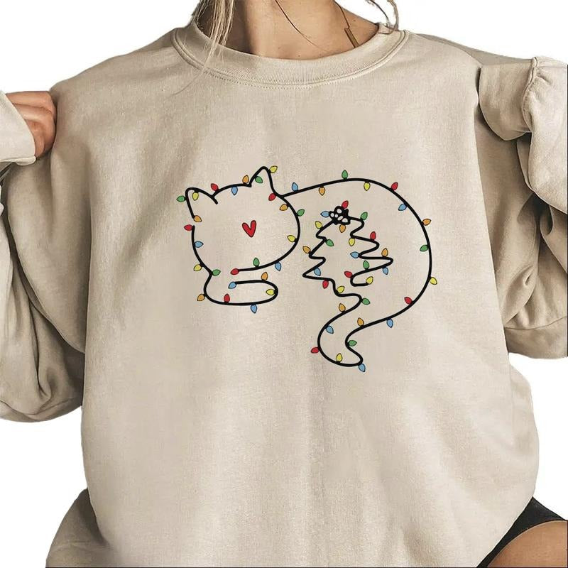 Cat Christmas Sweatshirt, Funny Cats Christmas Lights Crewneck Sweater, Cat Owner Mom Gifts T-shirt Hoodie Unisex Cotton...