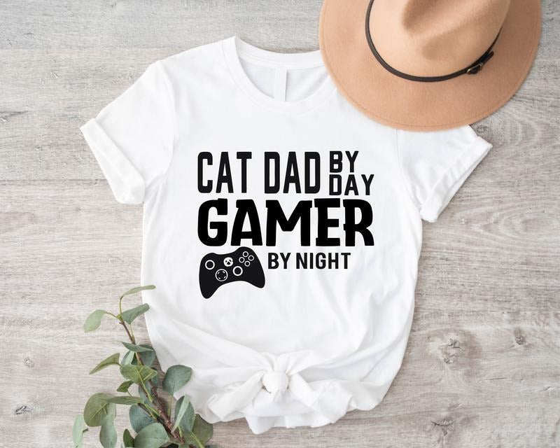 Cat Dad By Day Gamer By Night Shirt Menswear Top Gamer Cat Dad T-shirt Pet Lover Gift Tee Cat Owner Short Sleeve Gamer by...