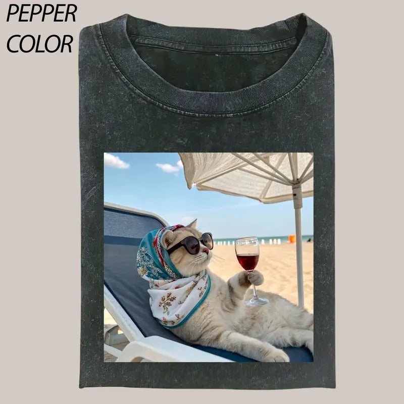 Cat Enjoy the holiday T-Shirt T-Shirt, Cat Enjoy - kitty Vintage Graphic Tee, Funny Cat Shirt, Women's T-shirts...