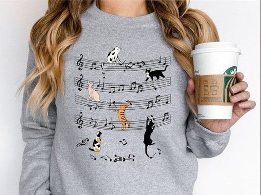 Cat Funny Music Notes Sweatshirt, Funny Musician Sweatshirt, Cute Music Sweatshirt, Cat And Music Lover Sweatshirt, Music...