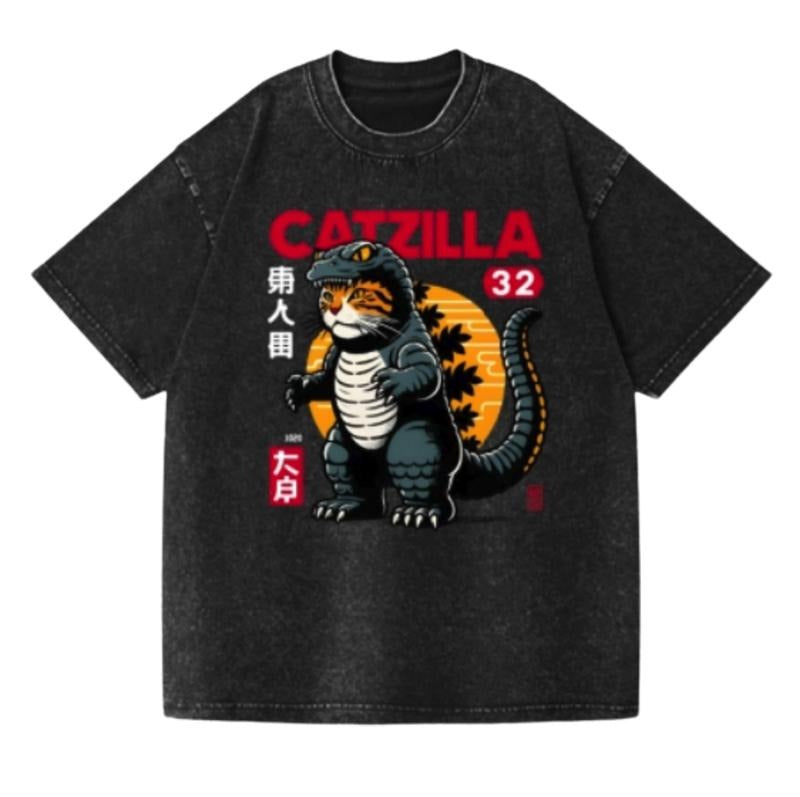 Cat Godzilla Vintage Wash Japanese Design T-Shirt Womenswear Streetwear Summer Crewneck Tshirt Hoodie, Sweatshirt