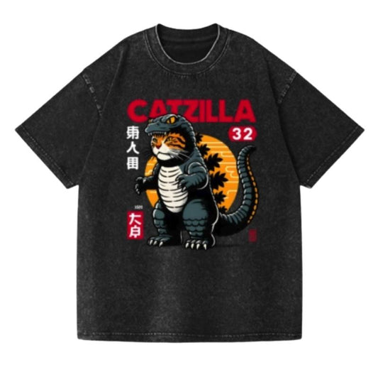 Cat Godzilla Vintage Wash Japanese Design T-Shirt Womenswear Streetwear Summer Crewneck Tshirt Hoodie, Sweatshirt
